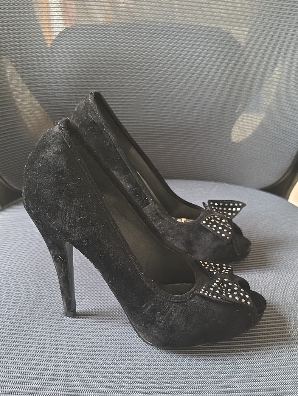 Faux Black Suede Peep-Toe High Heels with Crystal Bow